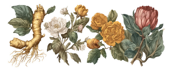 Vintage Floral Illustration on Transparent Background