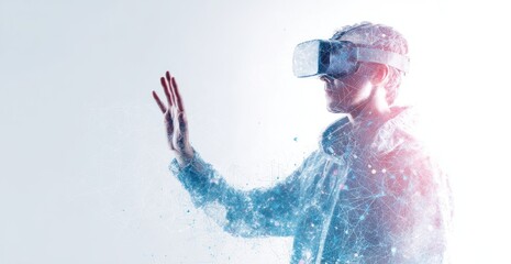 Portrait of a person wearing VR headset with digital particles, exploring the virtual world