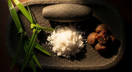 A rustic display of essential Indonesian sweet ingredients: pandan leaves, grated coconut, and dark palm sugar (gula merah) on a stone plate.