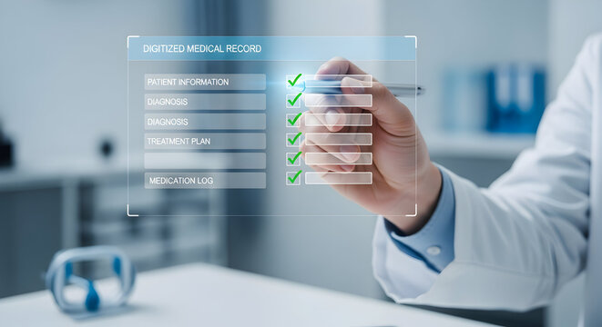 Doctor digitally updates patient medical record on futuristic interface