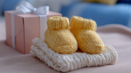 A soft baby bootie yellow knit newborn gift cozy blanket pastel box ribbon bow nursery decor handmade wool tender moment baby shower joy. yellow knit bootie rest cozy blanket near pastel gift box
