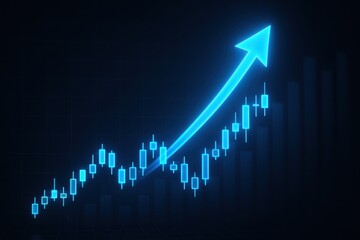 Global financial market. Graphical representation of an upward trend in financial data with a blue arrow highlighting growth.