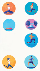 A collection of circular icons depicting various fitness activities and exercises for a healthy lifestyle.