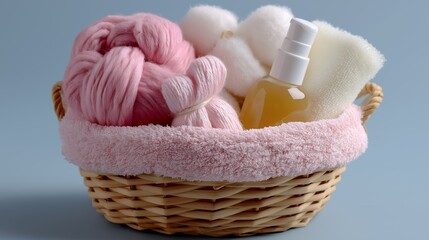 Obraz premium A pink yarn soft towel wicker basket baby gift bath sponge liquid soap pastel color cozy texture home spa gentle care with calm mood and warmth pink yarn soft towel wicker basket baby gift bath