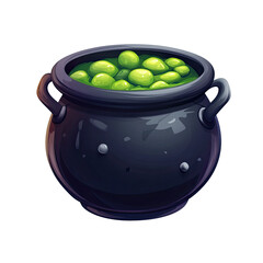 A black cauldron with green liquid inside, set against a white background.