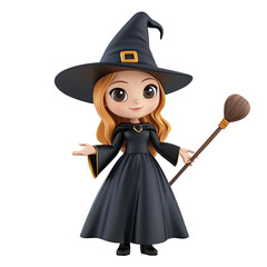 Naklejka premium A cute, blonde-haired witch in a black dress with a broom in her hand.