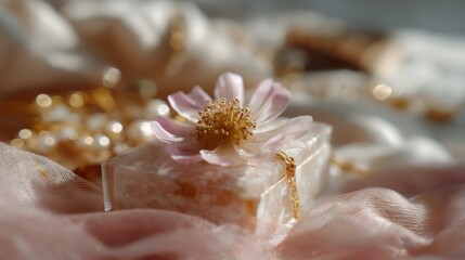 A luxury spa salt pink flower glass box soft fabric golden chain macro bokeh pastel romantic delicate wellness skincare bath aromatherapy relaxation beauty gift elegant feminine natural mineral