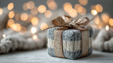 A cozy gift box knitted wrap golden ribbon festive bokeh warm lights winter holiday soft focus neutral color handmade craft elegant present. cozy gift box with knitted wrap and golden ribbon against