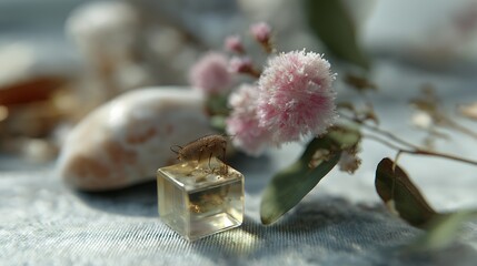 An insect cube resin flower macro delicate soft pastel natural decor with insect on clear resin cube near pink fluffy flower, gentle bokeh, calm mood, shallow depth of field, artistic still life