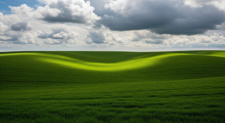 Fototapeta premium Green rolling hills under cloudy sky with sunlight highlighting the grass, perfect for nature and landscape projects