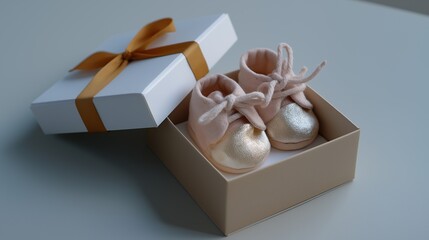 A baby shoes gift box ribbon pink gold soft newborn present celebration beige box with white lid and golden ribbon, cozy pink booties with metallic gold toes sit softly, tender and joyful