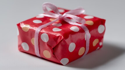 A red gift box polka dot ribbon bow present celebration surprise festive holiday birthday wrap paper package small square closeup isolated studio glossy pink white red decoration cute cheerful