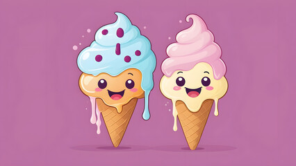 Sweet and Happy Cute Kawaii Style Ice Cream Mascot Topped with a Fresh Red Strawberry