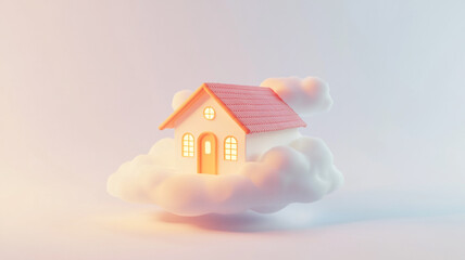A charming 3D render of a pink house floating in the sky, symbolizing peace and imagination