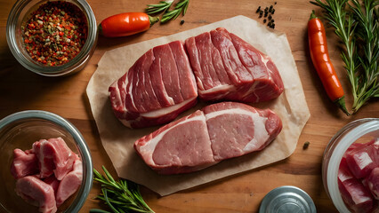 Raw meat selection unpacked from paper butcher wrap with spice jars and herbs on rustic table