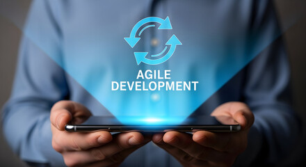 Modern smartphone displays agile development concept with glowing arrows