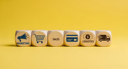 Business growth icons on blocks marketing sales finance logistics delivery success