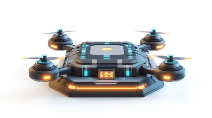 A futuristic 3D model of an intelligent drone with glowing neon details and sleek engineering