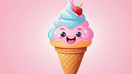 Vector Illustration of an Adorable Soft Serve Ice Cream Cone Character with a Wide Smile