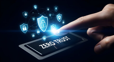Finger presses 'Zero Trust' button surrounded by glowing security shields