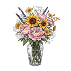 Naklejka premium Pink Peonies and Sunflowers in Glass Vase isolated on a transparent background