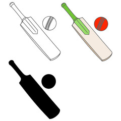 Three illustrations of cricket bats and balls in different styles: an outline version with a white bat and ball