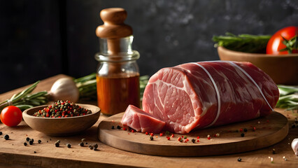 Freshly unpacked raw beef cuts from paper wrap surrounded by spice jars on rustic kitchen table