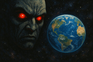 Menacing figure with glowing red eyes looms over Earth