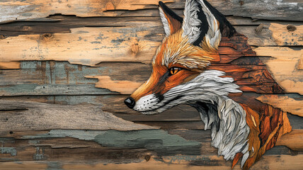 A stunning wooden relief of a fox head, blending natural tones and detailed craftsmanship