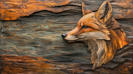 Handcrafted Fox Carving on Timber Texture