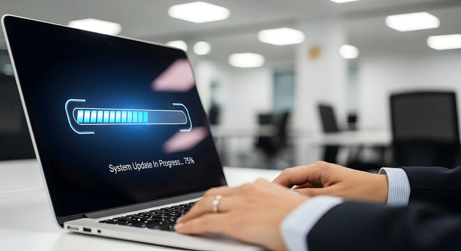 System update in progress on laptop being used in bright modern office