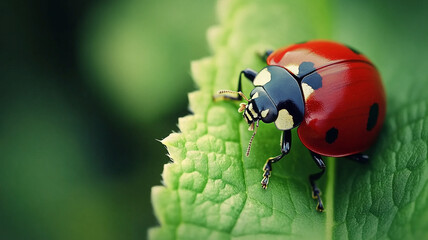 An enchanting moment of a ladybug wandering on soft green leaves under natural light