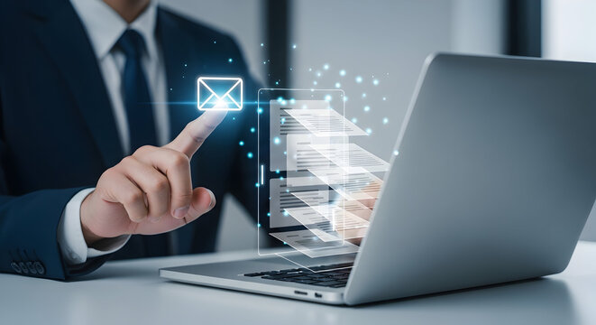 Professional sends digital emails using modern technology on his laptop