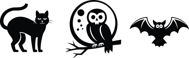 Halloween animal silhouette set, black cat, owl on branch, bat with wings, spooky vector icons, nocturnal creature illustration, festive eerie design elements