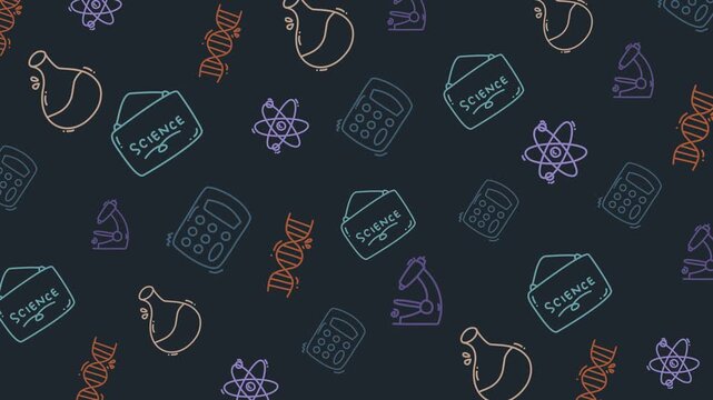 Colorful Scientific Laboratory Seamless Pattern with Test Tubes DNA Helix and Microscope Icons on Dark Background for Science Education and Research Content