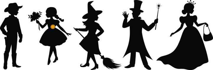 Costume character silhouette set, cowboy, witch, princess, magician, flower girl, fantasy role icons, black vector pack, whimsical illustration, storybook theme design