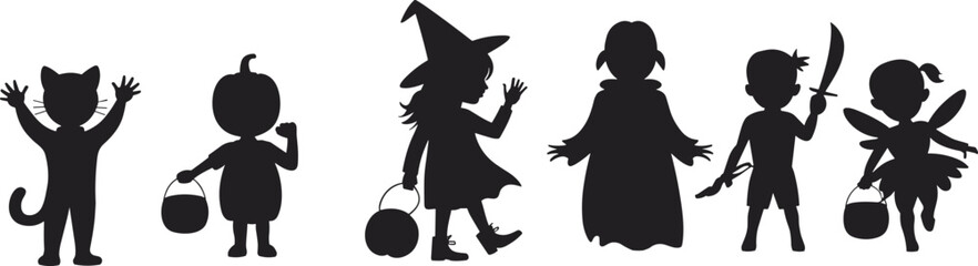 Halloween costume children silhouettes, cat, pumpkin, witch, vampire, pirate, fairy, trick-or-treat icons, black vector pack, festive spooky illustration, holiday celebration design