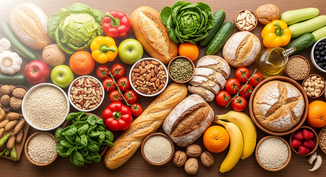 A vibrant, overhead shot of a bountiful assortment of fresh, healthy foods arranged on a wooden surface