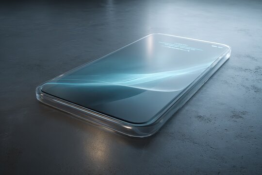 Elegant Smartphone with Glowing Abstract Blue Screen on Polished Dark Surface.