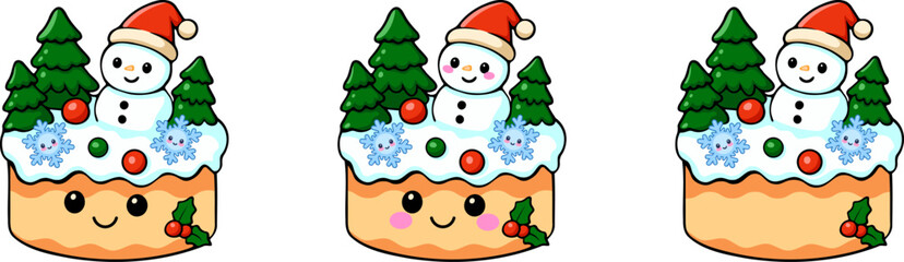 Cute christmas cartoon cake with snowman and trees holiday delight kawaii vibes festive environment