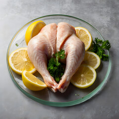 Fresh raw chicken with lemon slices and parsley arranged on glass cutting board