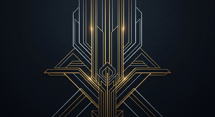 Stylish Retro Abstract Background with Symmetrical Art Deco Patterns Made of Glowing Gold and Silver Neon Lines on a Dark Navy Blue Surface