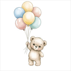 Sweet Nursery Teddy Bear with Balloons Watercolor Art