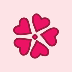 Flat design illustration of a pink flower made of heart-shaped petals on a light pastel background, symbolizing love, romance, and affection.