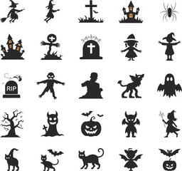 Fototapeta premium Halloween silhouette icon set, witch, ghost, zombie, haunted house, pumpkin, bat, cat, skeleton, monster, spooky vector pack, festive horror illustration