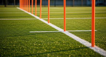 Orange training poles lined up on green artificial turf field with white sports markings, perfect for soccer drills and agility practice