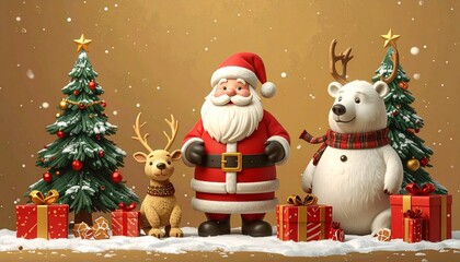 Jolly Santa Polar Bear Reindeer,
 Christmas Tree Gift Boxes Scene, 