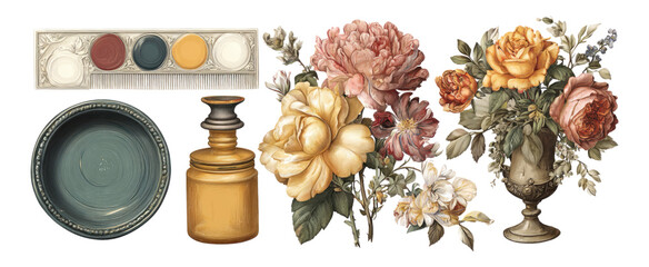 Elegant Floral Composition with Vintage Art Supplies