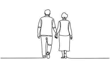 Minimalist one line vector illustration of an elderly couple walking together hand in hand, symbolizing love, companionship, aging, and lifelong relationship.