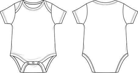 Baby onesie short sleeve front and back view, infant bodysuit apparel design template, detailed cad drawing flat vector illustration